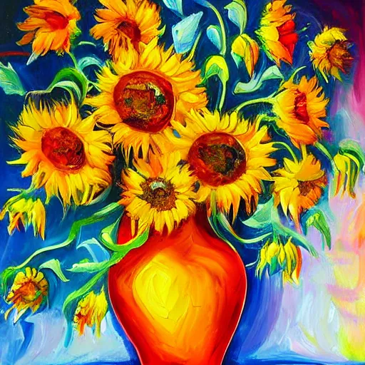 Image similar to beautiful and vivid anastasia trusova impasto acrylic still life painting of a vase of sunflowers and roses