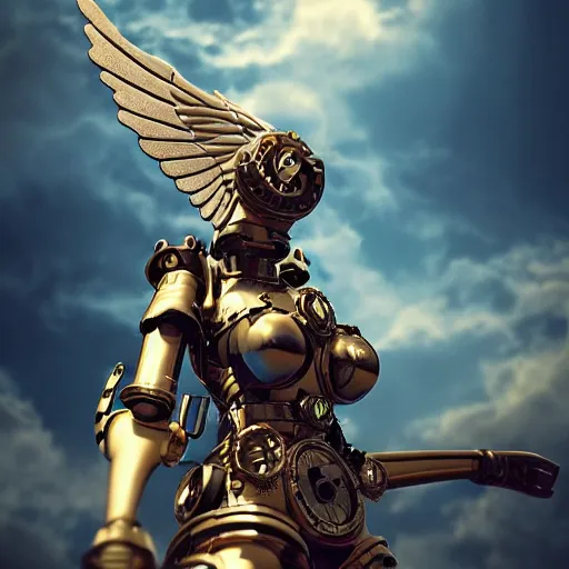 Image similar to a steampunk robotic angel, retro, steam, extremely detailed, particles, cinematic lighting, anime, clouds, sky, lush, beautiful,