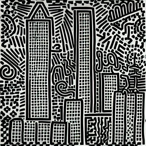 Image similar to asheville skyline, digital art, keith haring style