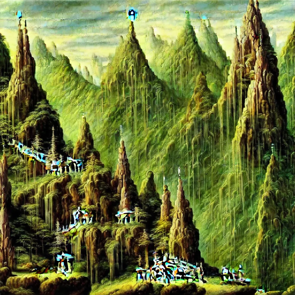 Image similar to A beautiful and highly detailed oil painting of an elven temple in the mountains, detailed trees and cliffs, intricate details, rivendell, 8k, sharp focus, hyper realism, by Caspar Friedrich,