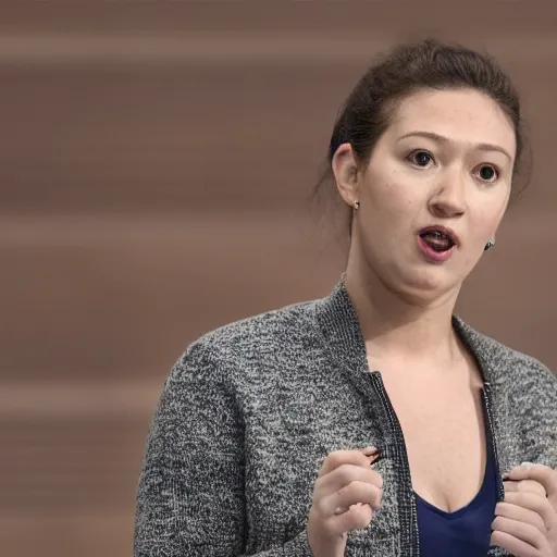 Prompt: photograph of a female mark zuckerberg giving a keynote speech on apple park