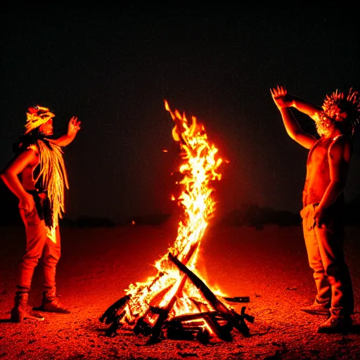 Prompt: photograph of three ravers photographed from behind, talking around a fire, photorealistic, dancefloor kismet, diverse costumes, clean composition, desert transition area, bonfire, night, australian desert, xf iq 4, symmetry, sony a 7 r, 1 5 0 mp, 5 0 mm