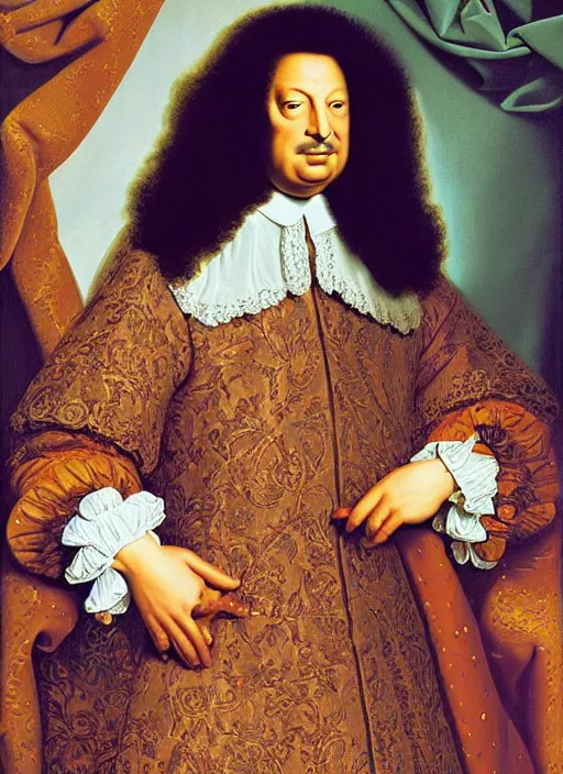 Prompt: beautiful oil painting portrait of Louis xiv in coronation robes by Dan Mumford, Alex grey, hyacinthe rigaurd 1701