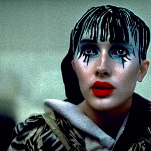 Prompt: cinematic portrait of a runaway replicant with tribal facepaint and a plastic raincoat in an empty room, still from the movie bladerunner