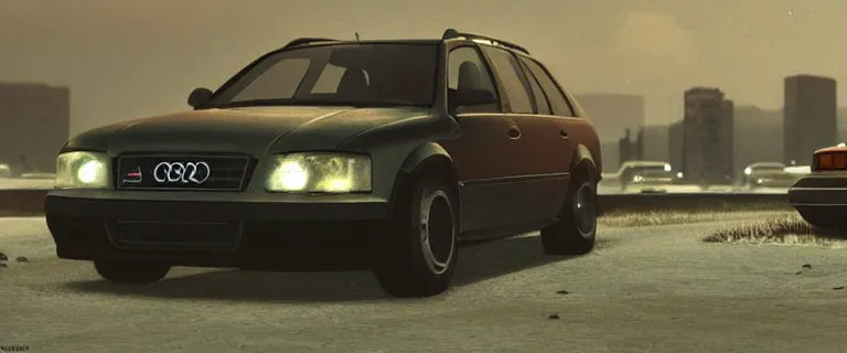 Image similar to Audi A4 B6 Avant (2002), a gritty neo-noir, dramatic bright lighting, cinematic, establishing shot, extremely high detail, photorealistic, cinematic lighting, artstation, by simon stalenhag, Max Payne (PC) (2001)