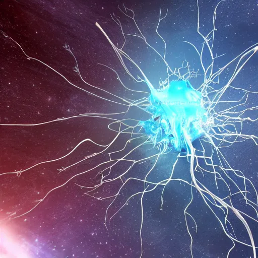 Image similar to neuron made of steel in space with hubble background, vray, 5 5 mm