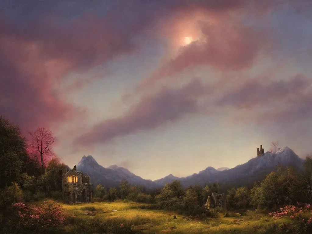 Prompt: a spectacular witch house with a lighted window sand smoking chimney in a woodland, mysty mountain in the background, evening mood, pink clouds in the sky, by clive madgwick