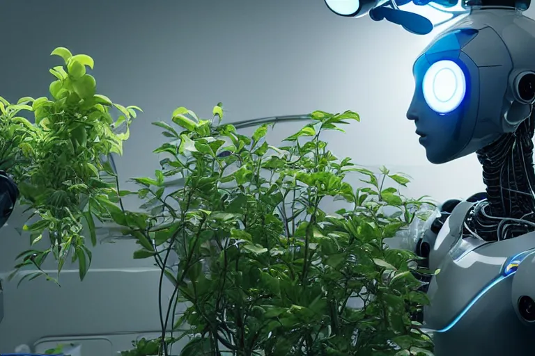 Prompt: androgynoid robot taking care of plants on the spaceship, 8 k, beautiful lighting, shallow depth of field, ultra realistic, hyper - detailed, sci - fi movie style, coherent composition, john harris