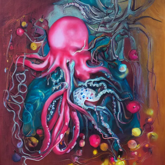 Image similar to portrait of a female art student falling asleep, scientific research, crashcart, x - ray, sensual, blossom, squashed berries dripping, octopus, candlelight, neo - impressionist, surrealism, acrylic and spray paint and oilstick on canvas