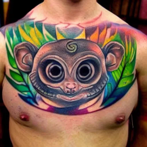 Prompt: shoulder tattoo of a multicolored hallucinogenic cute bush baby, eyes are colorful spirals, surrounded with colorful magic mushrooms and rainbowcolored marihuana leaves, insanely integrate