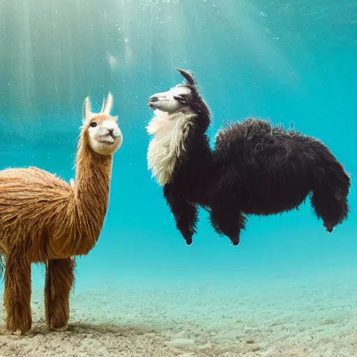 Prompt: llama and sloth underwater blowing bubbles