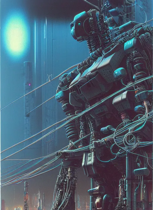 Prompt: cyberpunk mechwarrior, a lot of cables and wires around, bymark brooks by zdzisław beksinski, by takato yamamoto, vintage, 8 k, ultra detailed, 8 0's sci - fi