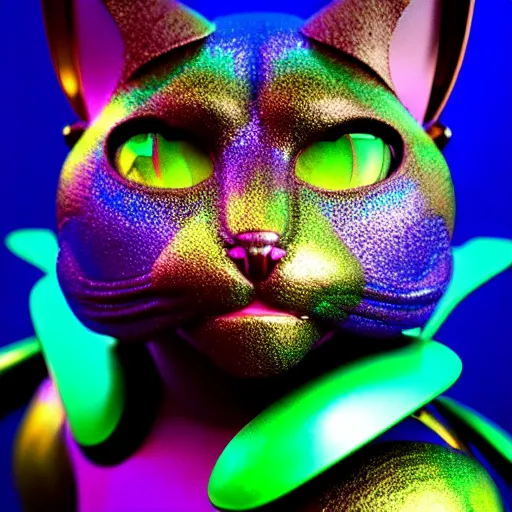 Image similar to giant iridescent mix between a feline and bug android creature in lush jungle, raining, foggy, moody, :: by Jeff Koons, Dan McPharlin Daniel Merrian :: ornate, dynamic, particulate, rich colors, intricate, elegant, highly detailed, centered, artstation, smooth, sharp focus, octane render, 3d