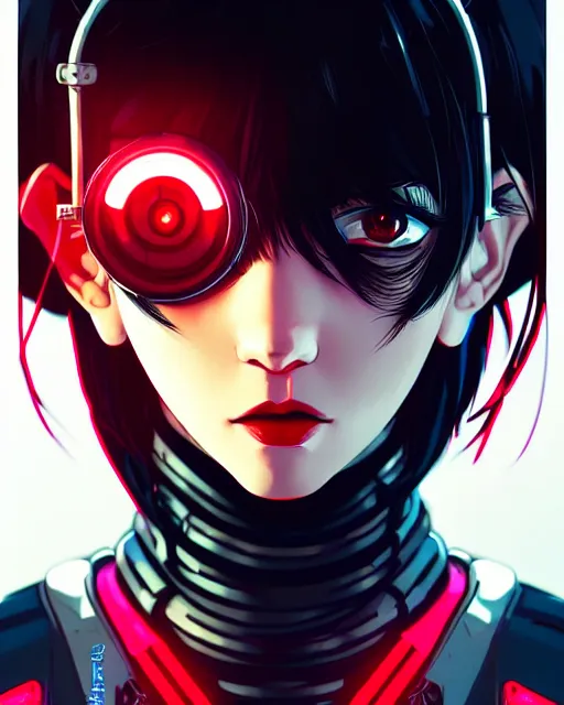 Image similar to a comic potrait of a cyberpunk cyborg girl with black and red parts, fine - face, realistic shaded perfect face, fine details. night setting. very anime style. realistic shaded lighting poster by ilya kuvshinov katsuhiro, unreal engine, global illumination, radiant light, detailed and intricate environment