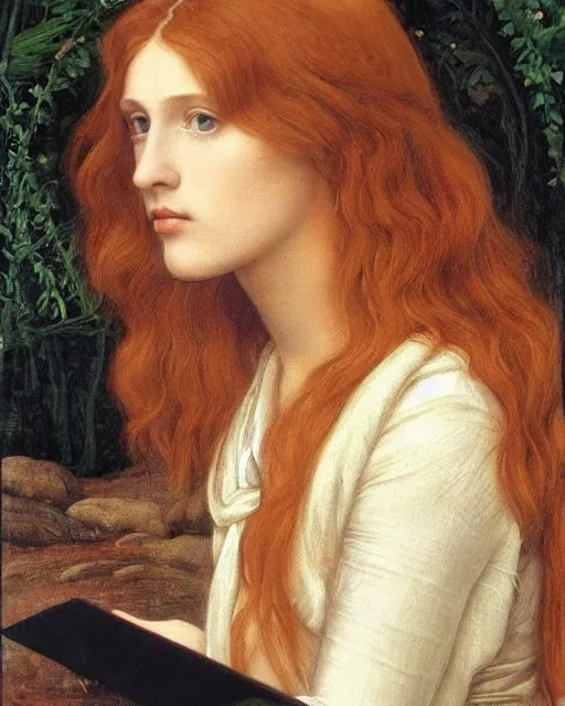 Prompt: Pre-Raphaelite portrait of a young beautiful woman with short blond hair, wearing a hoodie, holding a macbook