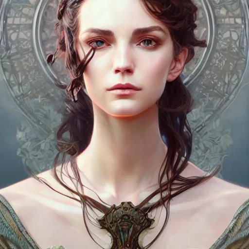 Image similar to portrait of an Alyx Vance, D&D, fantasy, intricate, elegant, highly detailed, digital painting, artstation, concept art, smooth, sharp focus, illustration, art by artgerm and greg rutkowski and alphonse mucha