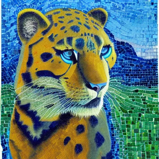 Image similar to church painting of the god of nature, the blue panther, impressionistic mosaic