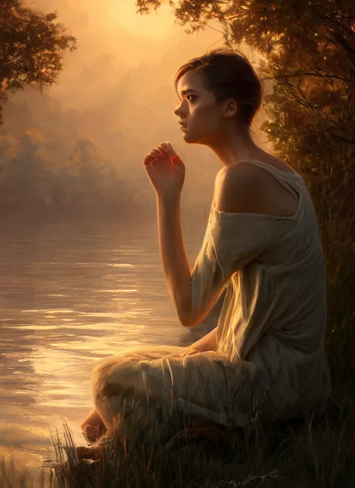 Image similar to cinematic shot of an epic portrait of a gentle girl by the lake, shiny skin, beautiful eyes, beautiful, small details, night setting, realistic poster with volumetric light from craig mallism, artgerm, jeremy lipkin and michael garmash, unreal engine, radiant light, detailed and complex environment, digital art, trends at art station