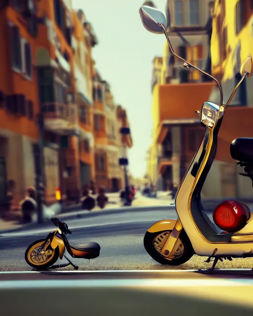 Image similar to moped scooter racing on the street, by etienne dinet, high details, 4 k, golden composition, artstation cgsociety