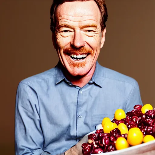 Image similar to closeup portrait of happy bryan cranston with open mouth filled with cranberies, eating cranberries, food photography, natural light, sharp, detailed face, magazine, press, photo, steve mccurry, david lazar, canon, nikon, focus