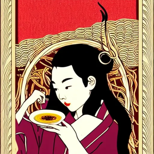 Image similar to beautiful japanese female model eating ramen soup portrait in the style of art nouveau anya taylor - joy