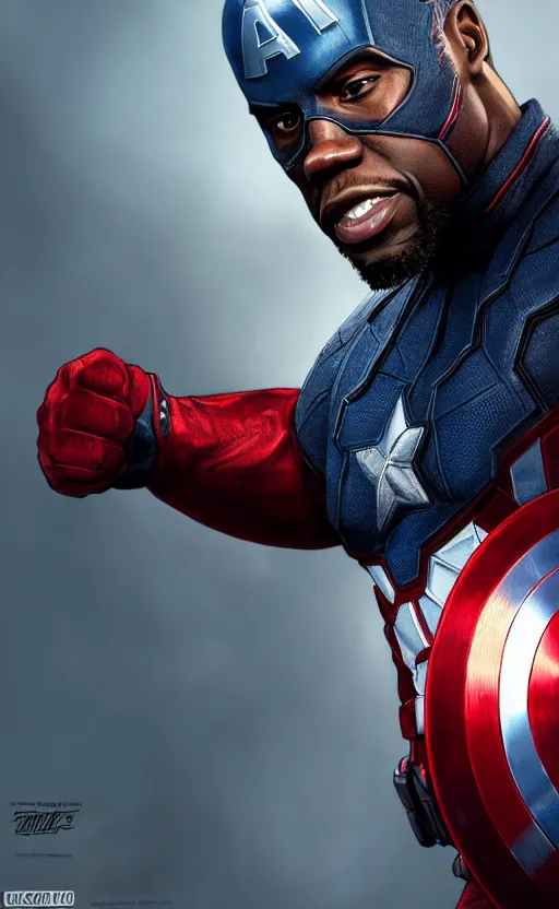 Image similar to kevin hart as captain america, dynamic lighting, photorealistic fantasy concept art, trending on art station, stunning visuals, creative, cinematic, ultra detailed