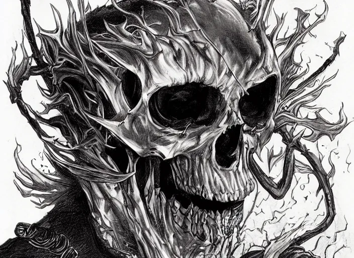 Prompt: a highly detailed beautiful portrait of ghost rider, flaming skull, ( marvel ) penance stare, james gurney, james jean