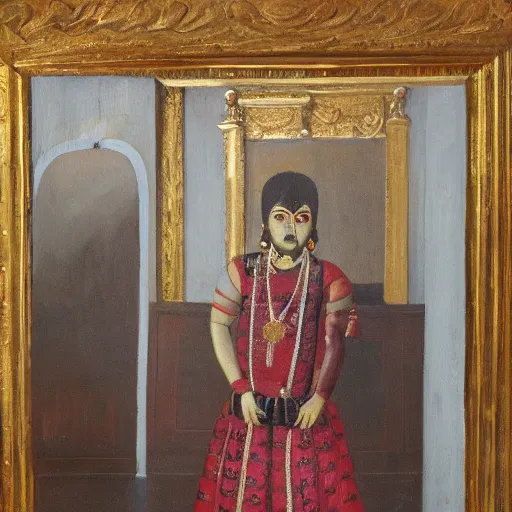 Prompt: a painting of mokanna standing in a hall of mirrors