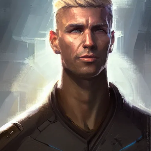 Image similar to portrait of a man by greg rutkowski, he is about 3 0 years old, short blond hair, athletic and strong, straight jaw, looking puzzled, wearing futuristic space gear, highly detailed portrait, digital painting, artstation, concept art, smooth, sharp foccus ilustration, artstation hq.