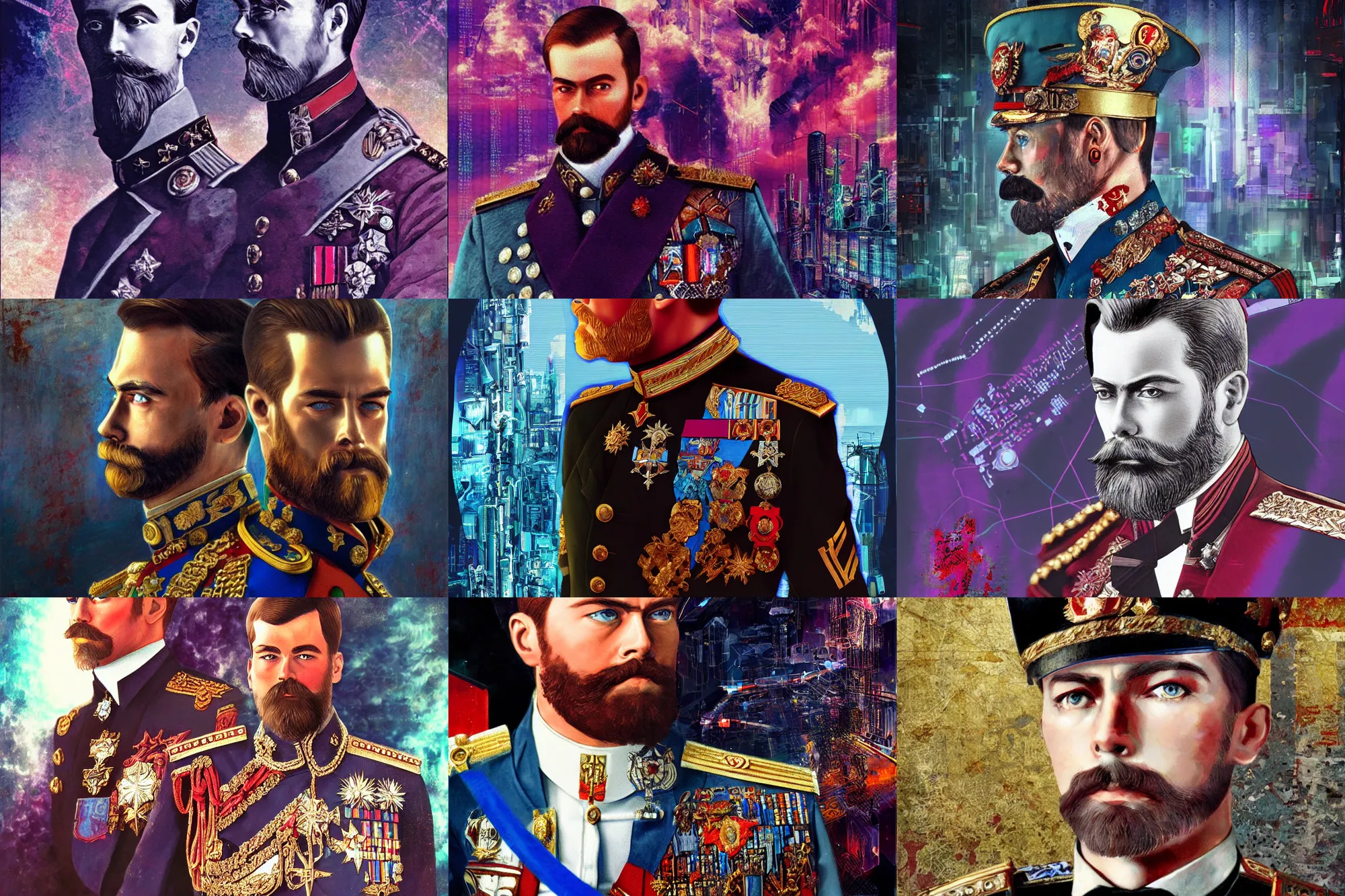 Prompt: Nicholas II of Russia, cyberpunk, synthwave, glitch, digital art, detailed, photo realistic, full body, wide angle