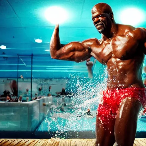 Prompt: terry crews swimming in a pool of salsa, cinematic lighting