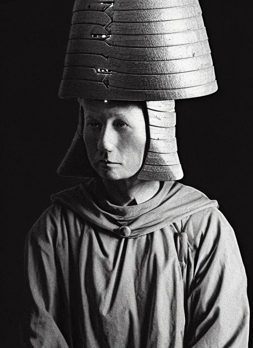 Image similar to realistic photo of a a scientist ritual monk medieval cone hat helmet made of wood, with plastic details detailed, covered in tesla electricity lasers aura, greyscale 1 9 9 0, life magazine photo, natural colors,