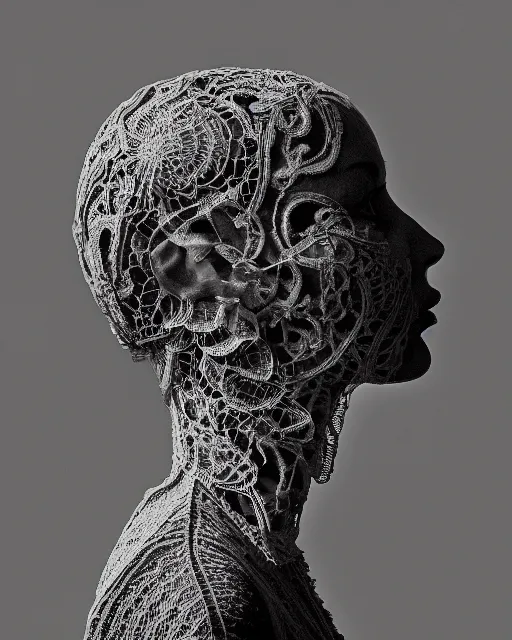 Image similar to a woman's face in profile, made of intricate lace skeleton, in the style of the dutch masters and gregory crewdson, dark and moody