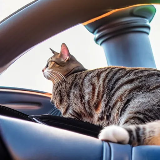 Prompt: cat sitting in driver seat of a cabriolet, paws resting on top of steering wheel, golden hour, top view