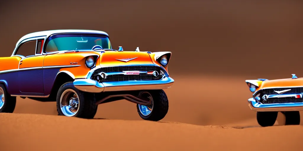 Image similar to Hot Wheels, 1957 Chevrolet Bel Air, lifted, 4x4, K10, trophy truck, cinematic, Maxxis, 8k, depth of field, mexican desert, bokeh, DAKAR.