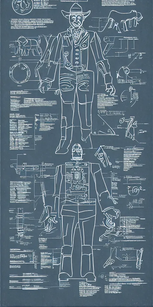 Prompt: robotic cowboy, blueprint, plans, infographic, poster, westworld, year 1850