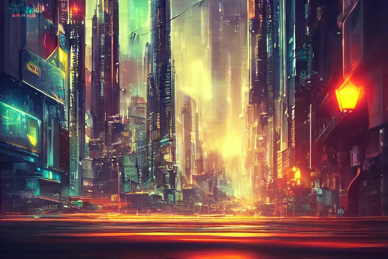 Prompt: futuristic city, street, depth of field, by wlop, at night, poster, highly detailled