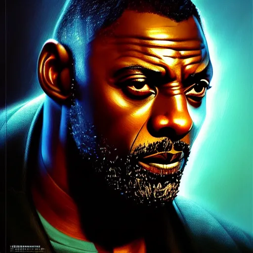 Image similar to wideangle!! portrait shot of idris elba in cyberpunk 2 0 7 7, intricate, elegant, highly detailed, centered, digital painting, artstation, concept art, smooth, sharp focus, illustration, artgerm, tomasz alen kopera, peter mohrbacher, donato giancola, joseph christian leyendecker, wlop, boris vallejo