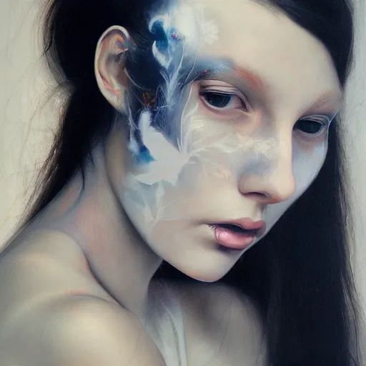 Image similar to ghostly beautiful female portrait in detail in oil paint in white by james jean,