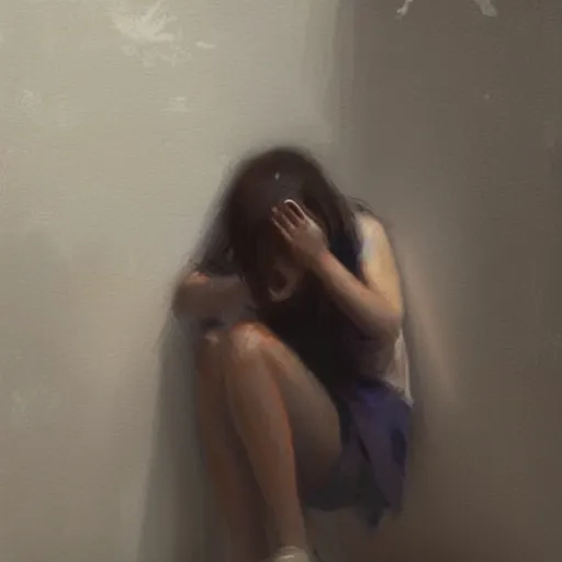 Image similar to “a girl crying in the corner by Greg Rutkowski, realism, depression, trending on artstation”