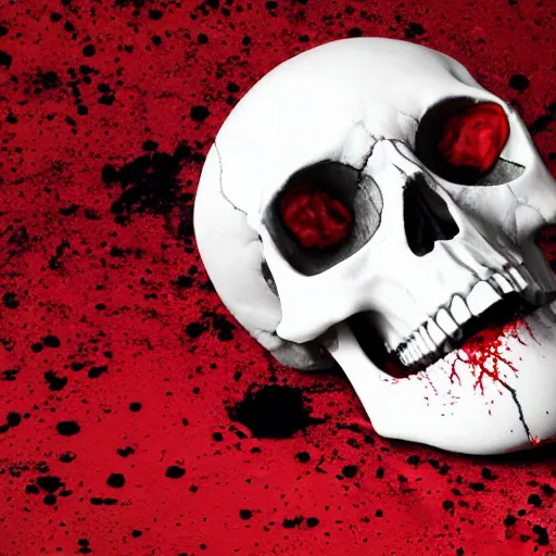 Image similar to skull in a pool of blood with blood splatter on the skull