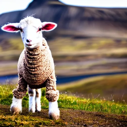 Prompt: a lamb standing on 2 legs wearing a sweater staring at the camera, bokeh, iceland hills in the background