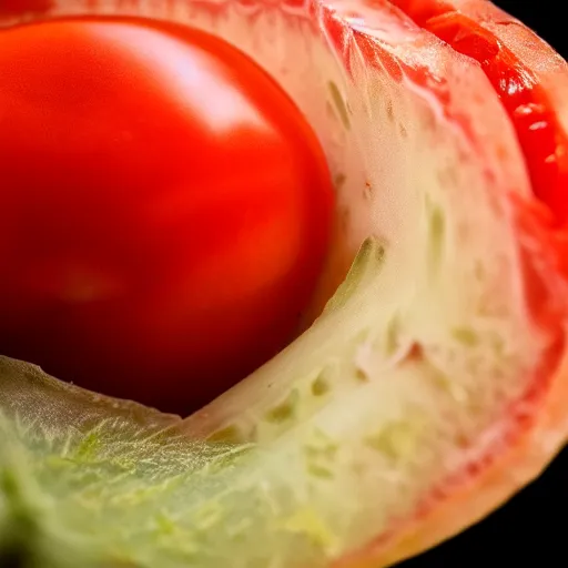Prompt: macro photography of a tomato sliced in half