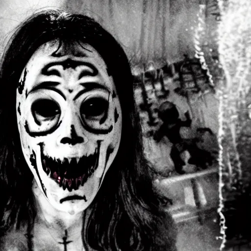 Image similar to terrifying ghost demon, found footage, brutal violence, creepypasta, slasher smile, black dahlia