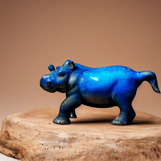 Image similar to small hippopotamus wood and blue epoxy sculpture, small, 3 5 mm macro photography, studio