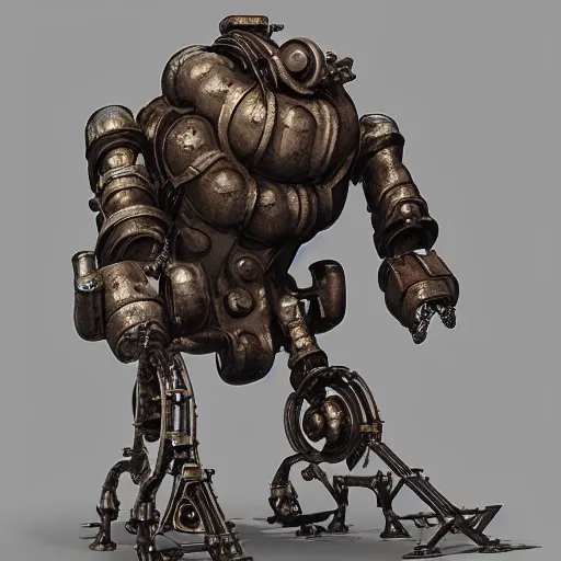 Prompt: a Steam powered mechanical golem, forward facing angle, character design, stunning 3d render , art by Tooth Wu and riot studios, 8k octane beautifully detailed render, post-processing, extremely hyperdetailed, intricate complexity, masterpiece, zbrush, PBR textures, physical based rendering, trending on artstation