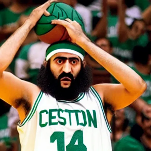 Image similar to facial portrait of osama bin laden shooting free throws, boston celtics jersey, wearing a headband, sweating, focused