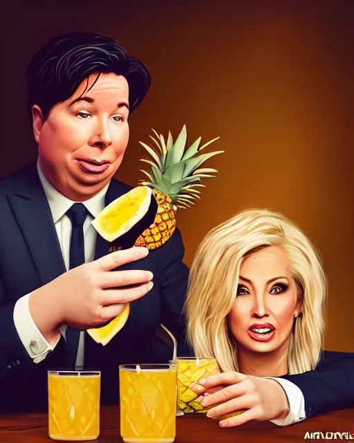 Image similar to A drunk Michael Mcintyre with a blonde woman eating pineapple in a nightclub,real life skin, intricate, elegant, highly detailed, artstation, concept art, smooth, sharp focus, photo