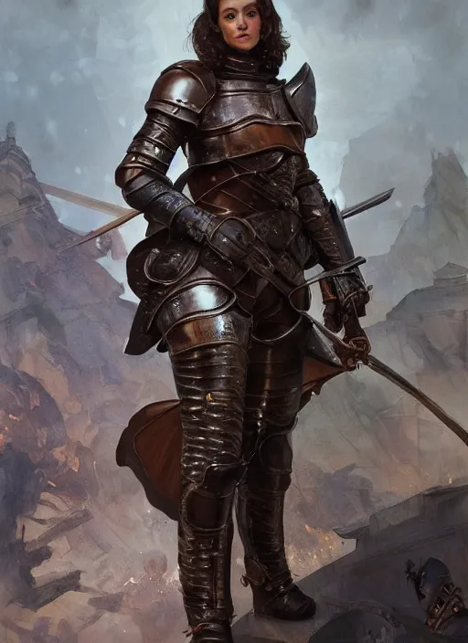 Image similar to medium-length portrait of a female knight with short curly hair and brown eyes, dark brown skin, happy expression, wears a combination of plate armor and boiled leather, medieval setting, highly detailed, digital painting, artstation, concept art, sharp focus, illustration, art by greg rutkowski and alphonse mucha