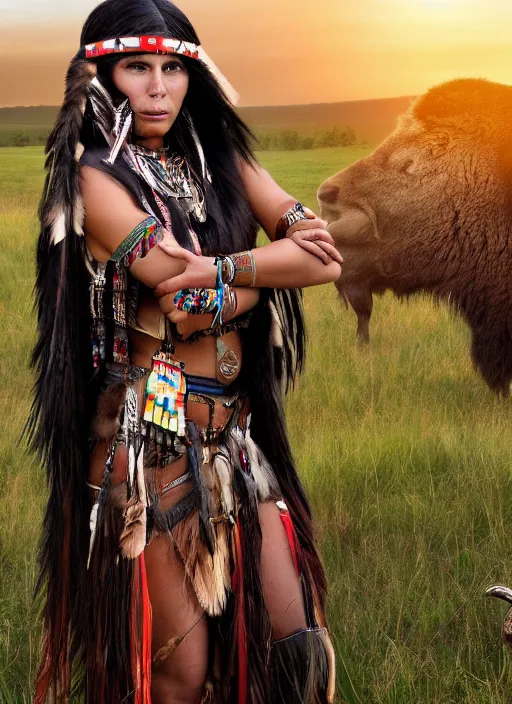 Prompt: hyper detailed photo of an American Indian warrior princess wearing a headdress, in a field with a bison at sunset, long black hair, maximalist, hd, 8k, muted colors,